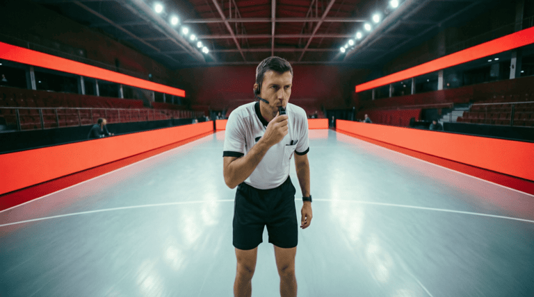 Professional sports referee blowing a whistle on an indoor court in a large stadium.