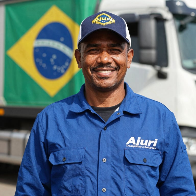 Portrait of an experienced truck driver standing beside a deep forest green heavy-duty vehicle, smiling confidently, warm golden hour light