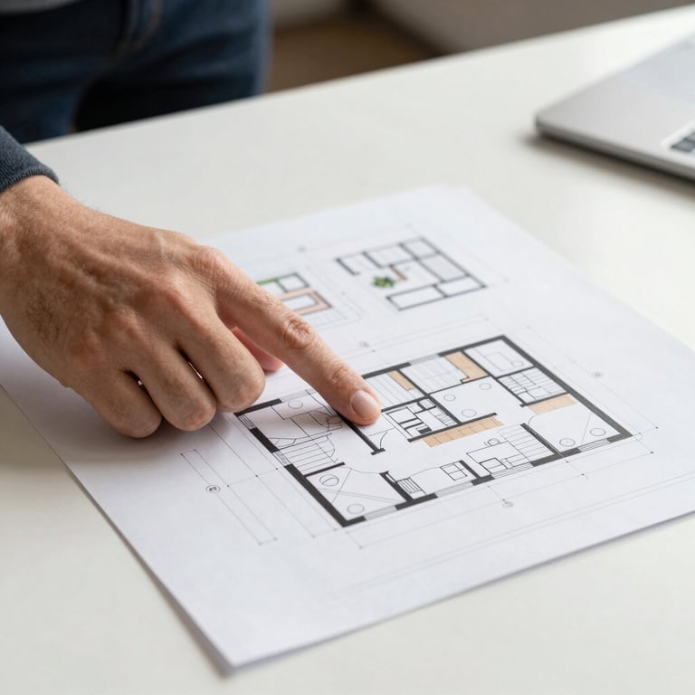 A designer's hand pointing at architectural plans for a modern kitchen layout on a warm white desk in a Los Angeles office.
