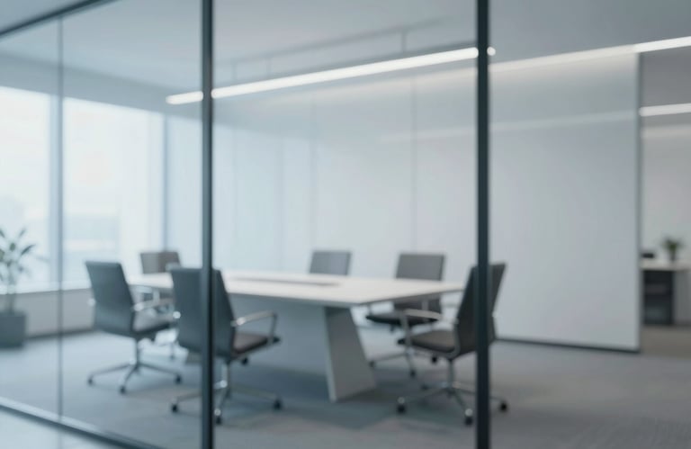 An interior shot of a minimalist, high-end corporate board room with glass walls, reflecting a clean and professional agency environment. Uses the palette #F5F8FA and #CCD6E0.