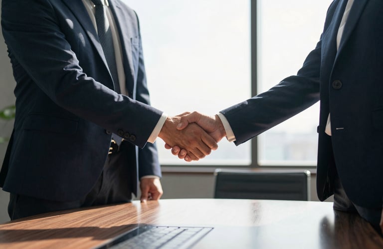 A medium shot of two professionals in North American business attire shaking hands firmly over a polished conference table in a sunlit room.