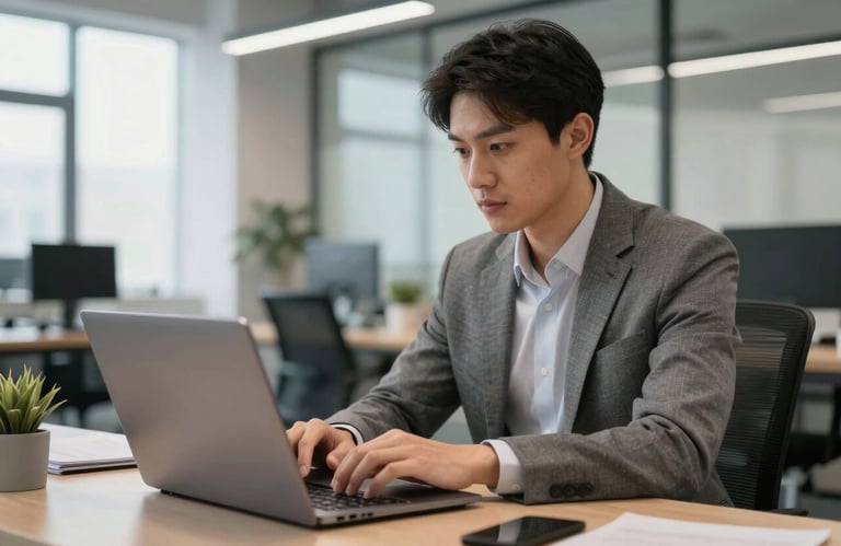 A focused professional in a modern North American office setting, typing on a sleek laptop with a clean, well-lit workspace in the background.
