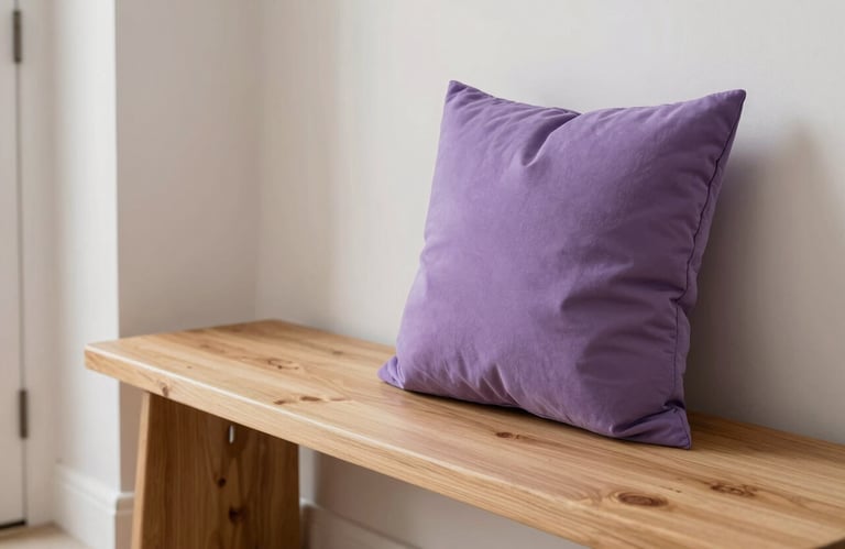 A close-up photograph of a welcoming entryway in a shared home, featuring a clean wooden bench and a soft purple throw pillow. The lighting is bright and airy, representing the modern and intuitive design of the house.
