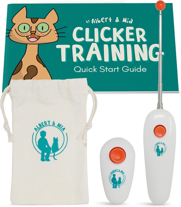 ALBERT & MIA Cat Training Kit (4 Pieces) - Quiet Clicker, Target Stick Clicker, Treats Pouch