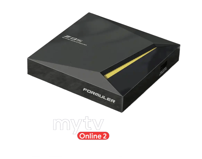 Formuler Z8 Pro 4K UHD media streamer box with MyTV Online 2 logo on a black background.