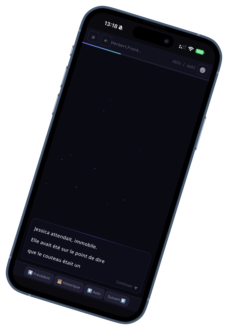 Smartphone displaying a French language e-reader app with Frank Herbert's text and navigation buttons.