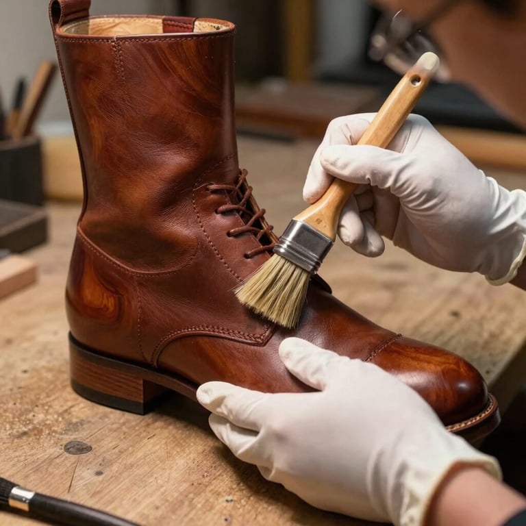 An artisan in a professional workshop using a high-quality horsehair brush to polish a mahogany-colored leather boot. White gloves, focused composition, warm lighting.