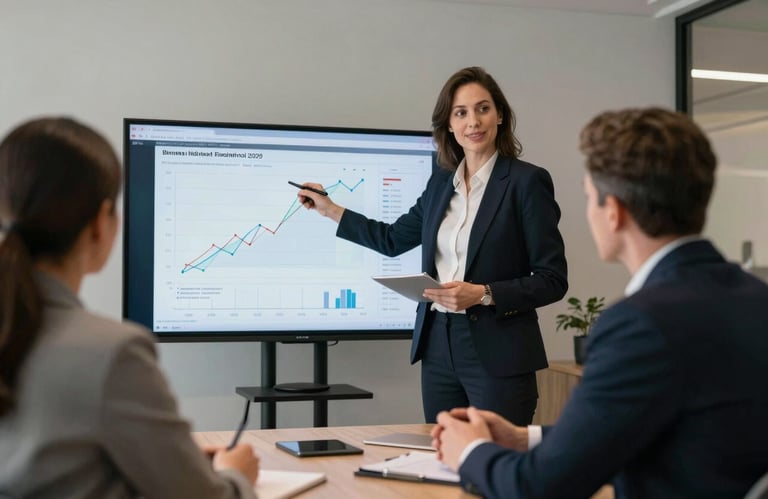 A professional financial advisor presenting a digital chart on a screen to a client in a modern British meeting room, focused and collaborative mood.