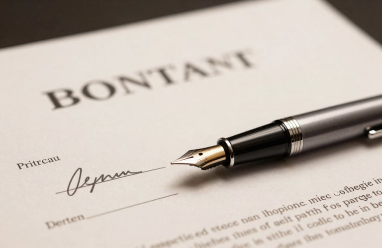 A close-up of a fountain pen resting on a signed financial contract, off-white paper, sharp focus, professional lighting, corporate British setting.