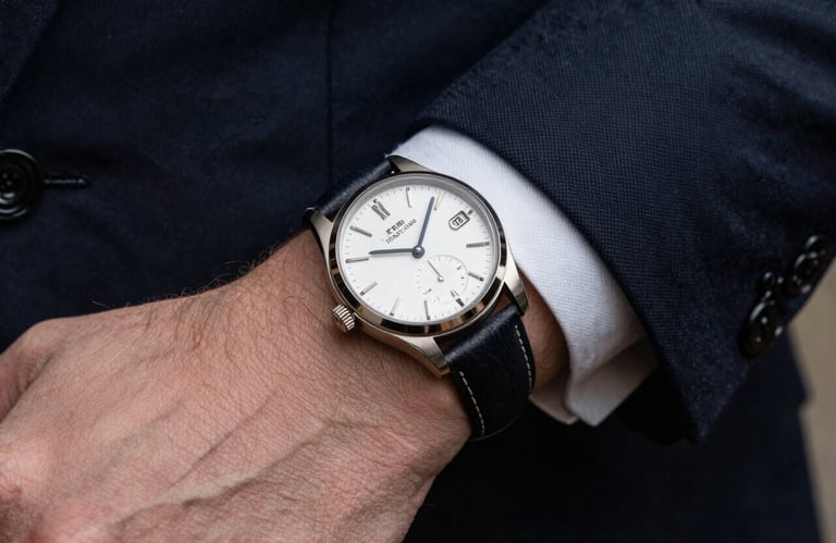 A detailed close-up of a high-end watch and dark suit cuff, representing precision and executive-level professionalism.