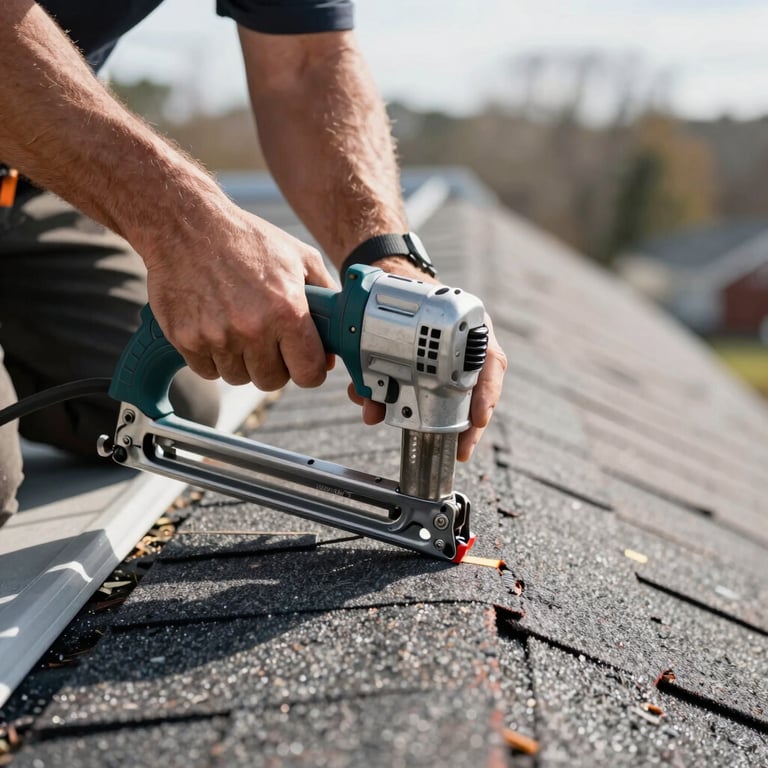 A close-up of a roofer's hands using a professional nail gun to secure shingles on a roof in New Jersey, bright daylight.