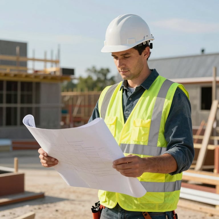 A professional roofer wearing a safety vest and hard hat holding a blueprint on a sunny construction site in North America.