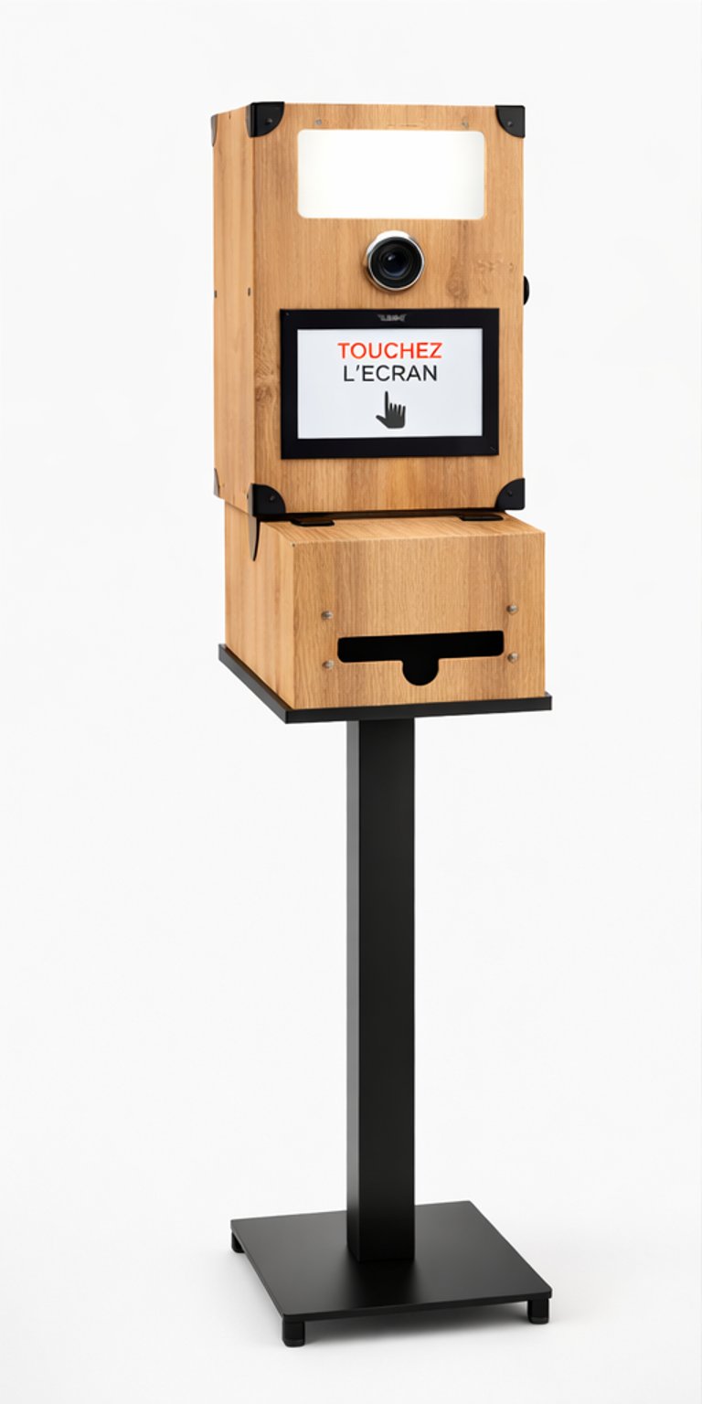 Modern wooden photo booth kiosk with touchscreen display and built-in printer for events.