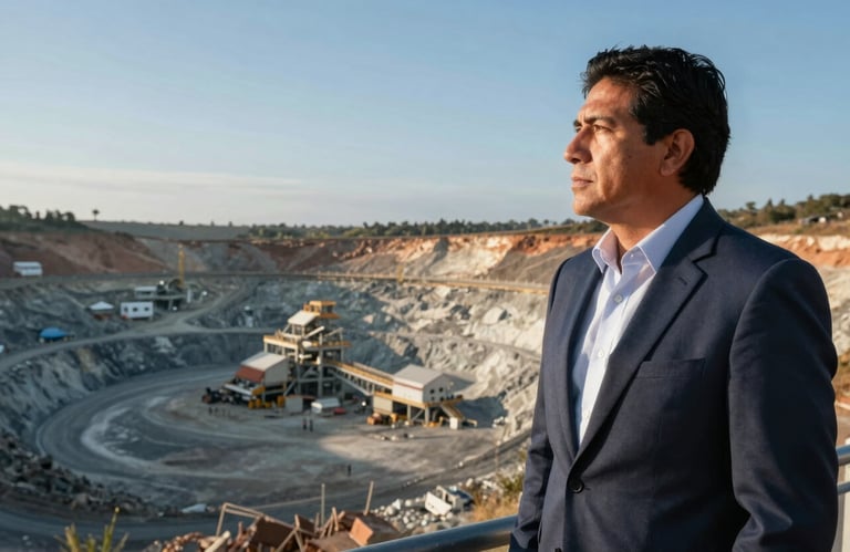 A confident South American / Peruvian professional in business-casual attire overlooking a large-scale mining operation. Cinematic morning light with a steel blue sky.