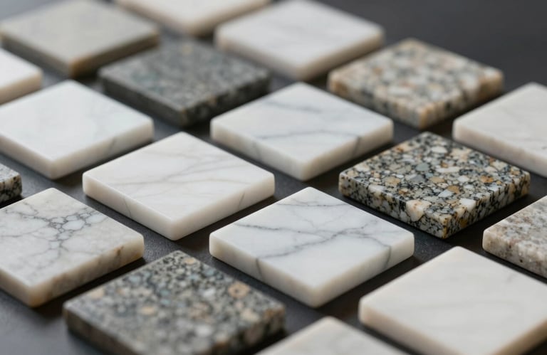 An elegant array of stone samples (marble, quartz, granite) arranged neatly on a dark surface, highlighting the variety and premium quality of the collection.
