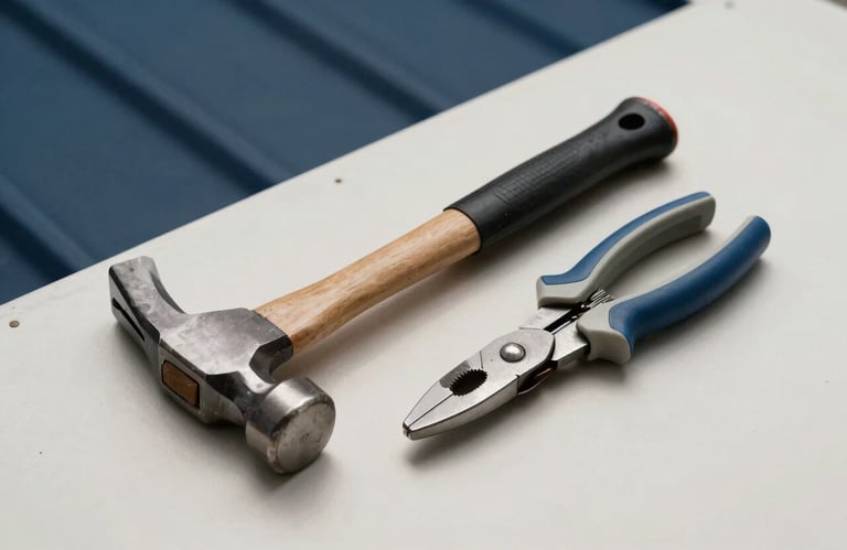 Still life photography of professional roofing tools, including a hammer and zinc snips, resting on a clean work surface, professional lighting with shades of dark blue and off white.