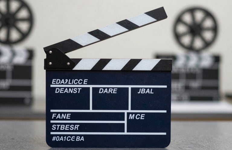 A professional movie clapperboard on a blurred film set background. Lighting is clean and focused. Brand colors #0A1C3B and #2B5A8F are used for the set lighting. No Arabic text.