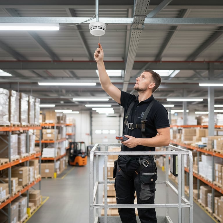 A worker on a scissor lift performs Manchester fire alarm system maintenance in a large warehouse.