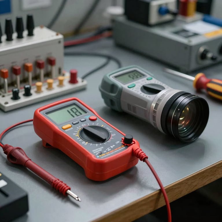 A high-end still life of professional electrical testing equipment, including a red digital multimeter and insulated screwdrivers, on a dark grey workbench in a US workshop.