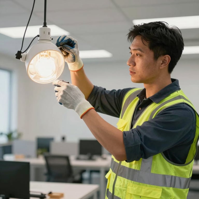A North American / US electrician in a reflective safety vest and gloves precisely installing a light fixture in a modern commercial office space, professional work environment.