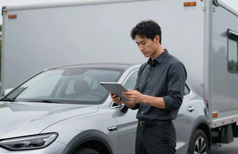 A professional driver checking a digital manifest on a tablet while standing by the carrier. The scene is clean and modern, featuring cool silver tech and dark charcoal clothing.