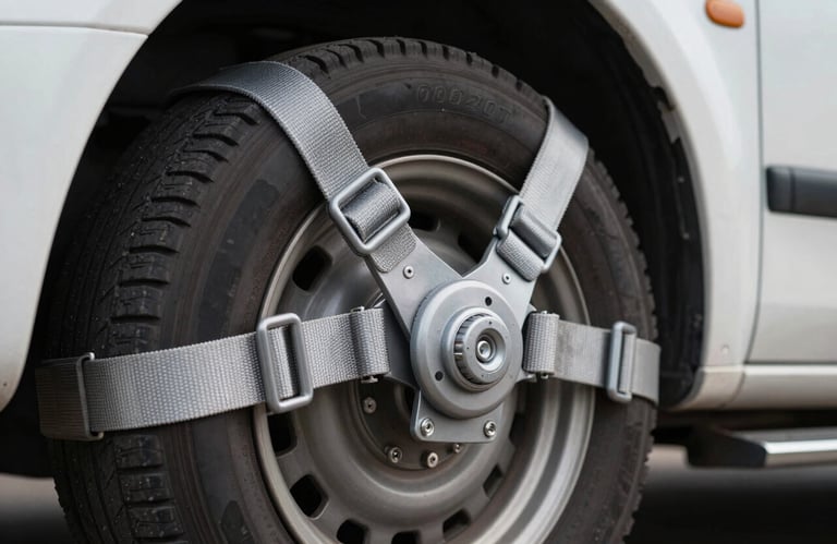 Close-up detail of heavy-duty industrial tie-down straps securely fastened to a vehicle wheel on a transport trailer. The hardware is a matte cool silver against the dark charcoal of the tires.