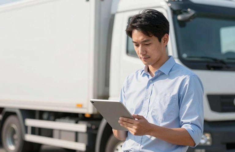 A logistics expert using a digital tablet to manage route tracking, standing confidently in front of a white truck, professional tech-driven logistics mood.