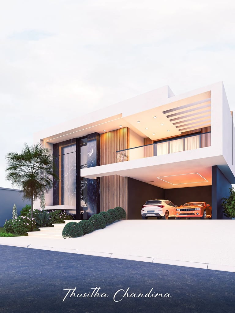 Modern two story luxury house exterior with large glass panels, warm architectural lighting, balcony design and two parked ca