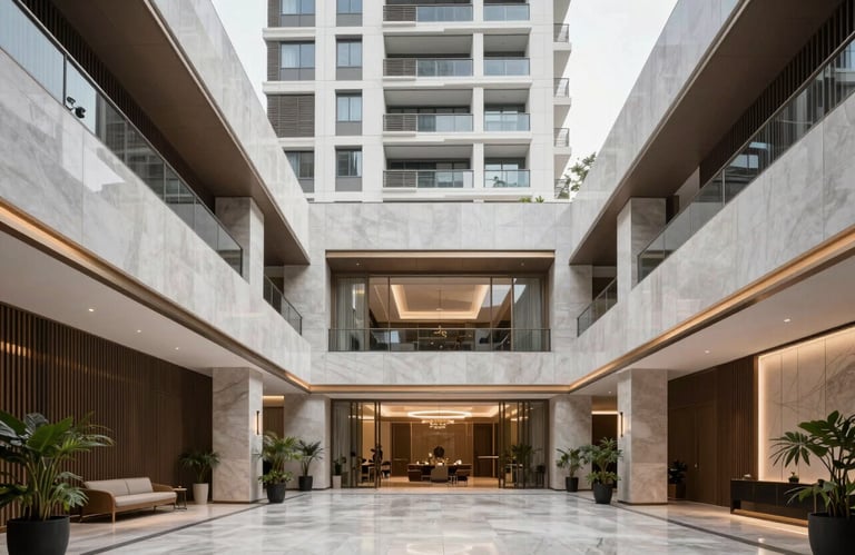 A wide shot of a modern, minimalist lobby of a luxury residential tower in Noida, featuring clean architectural lines and elegant South Asian decor.
