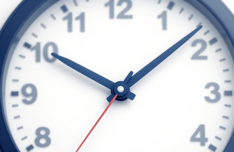 An artistic representation of a clock or stopwatch with clean lines in #3A6F8B and #F8FBFD, symbolizing efficiency and time-saving service.