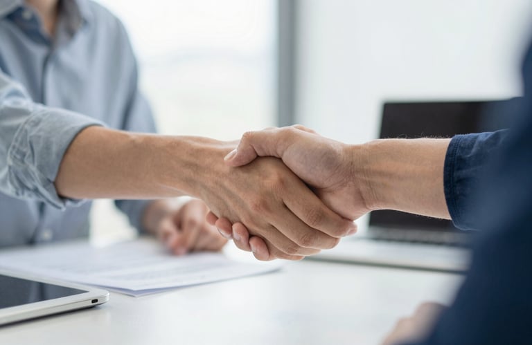 Two people shaking hands warmly across a desk in a bright room, signifying trust and the humanized approach of the brand.
