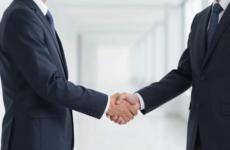 Two professionals in dark suits shaking hands in a high-contrast, minimalist hallway. The lighting highlights their confidence, with colors #E0E1DD and #0D1B2A predominating.