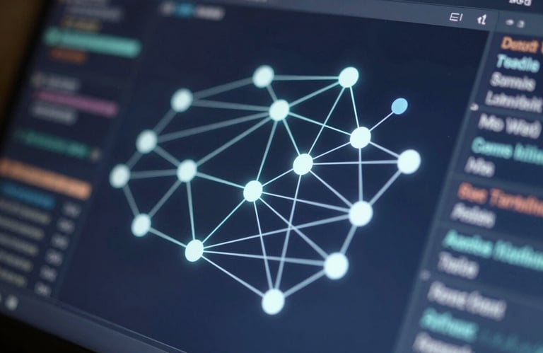 Close-up of a high-tech screen displaying complex data nodes and connections, glowing in #778DA9 against a #0D1B2A background, representing advanced market analysis.