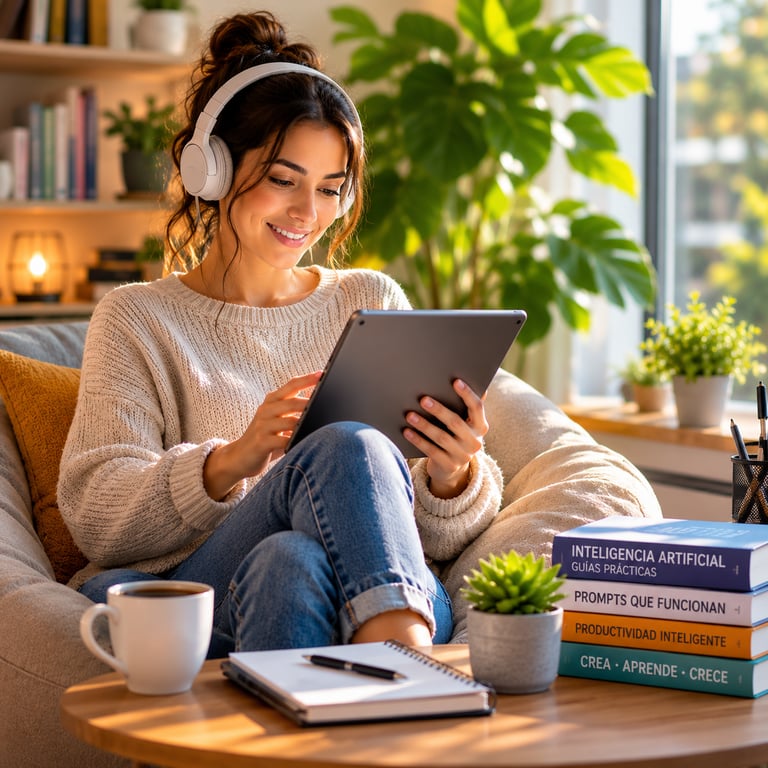 Persona aprendiendo desde casa con una tablet y recursos digitales para mejorar sus habilidades y productividad.