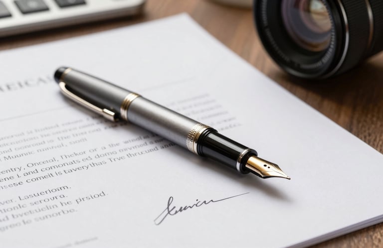 A sharp focus photograph of a high-quality fountain pen resting on a signed document, bright professional lighting, North American office context.