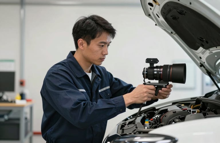 A technician wearing a dark navy blue uniform performing a safety check on a vehicle in a clean, off-white service center.