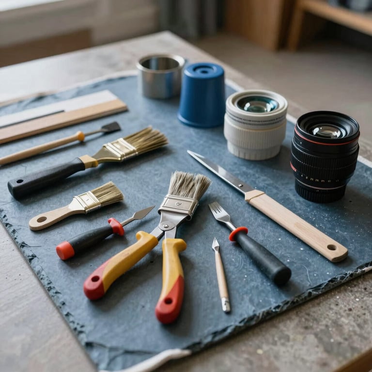 A set of professional painting tools and tiling equipment neatly arranged on a clean drop cloth inside a North American home, slate blue colors.