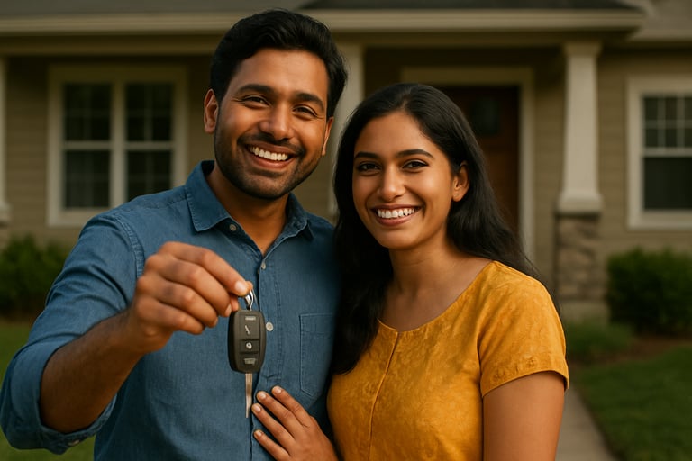 A South Asian / Indian couple smiling while holding a set of new car keys, standing in front of their home, representing security and success.