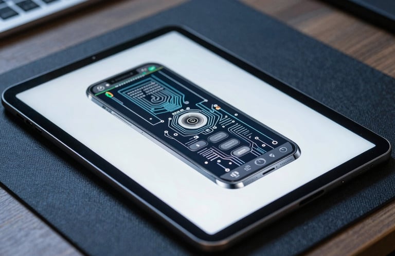 A professional diagnostic tablet showing circuit diagrams of a mobile phone, placed on a dark blue technical mat. Sharp focus on the screen, reflecting a sense of expertise.