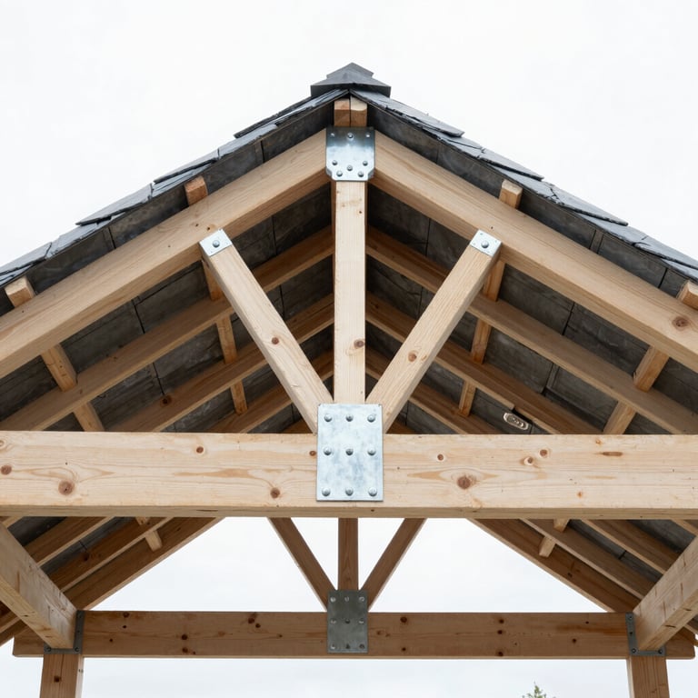 Straight-on structural shot of a newly reinforced timber roof truss, bright clean interior work lights, sharp focus on heavy steel connection plates, desaturated slate tones, 35mm lens
