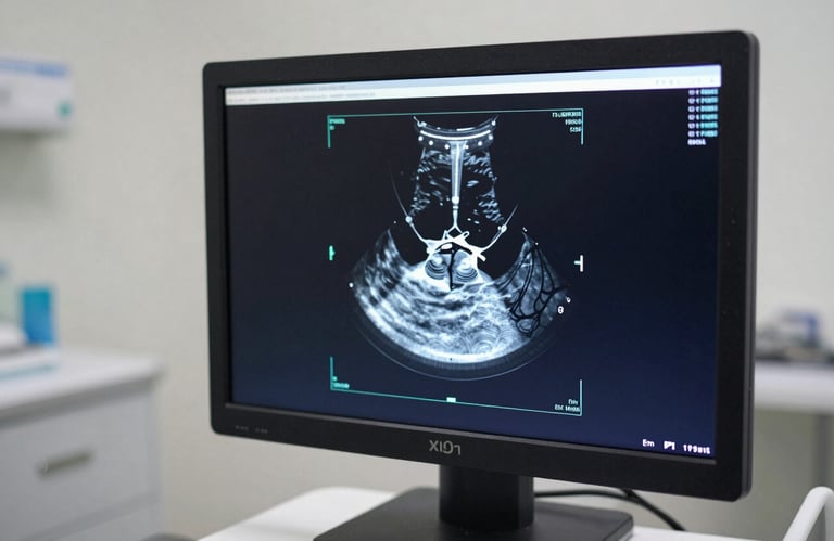 Close-up of a high-resolution medical imaging monitor showing diagnostic results in a clean, dark-navy medical office, professional lighting, Western European hospital setting.