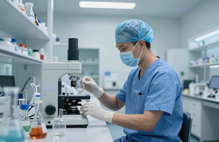 A medical professional in scrubs working in a modern, brightly lit laboratory with scientific glassware and advanced testing equipment, soft light blue tones.