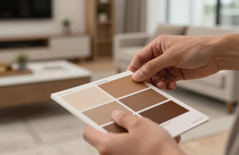 A close-up shot of an interior designer's hands selecting a warm brown color swatch from a palette, with a blurred modern living space in the background.