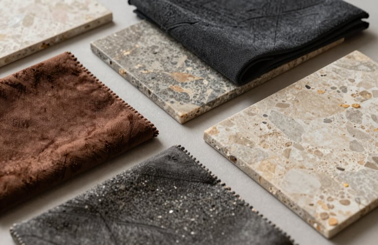 A curated selection of luxury fabric samples and stone tiles arranged elegantly on a neutral surface, showcasing rich textures and sophisticated artistry.