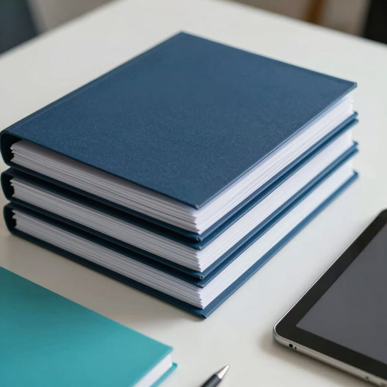 A high-angle shot of neatly stacked folders and a secure digital tablet on a clean desk, symbolizing organized document preparation and security, featuring dark blue and teal stationery.