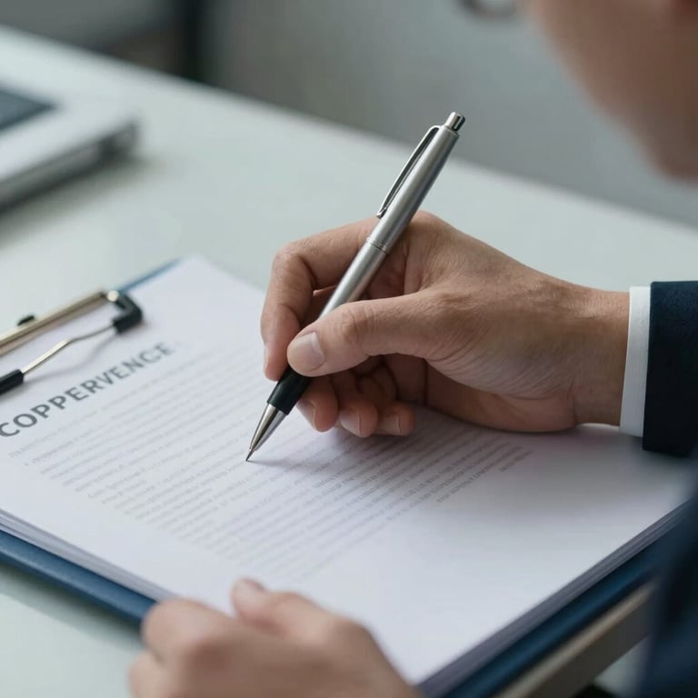 A close-up of a consultant’s hand holding a pen over a document, suggesting meticulous attention to detail and professional commitment in a setting with steel blue accents.