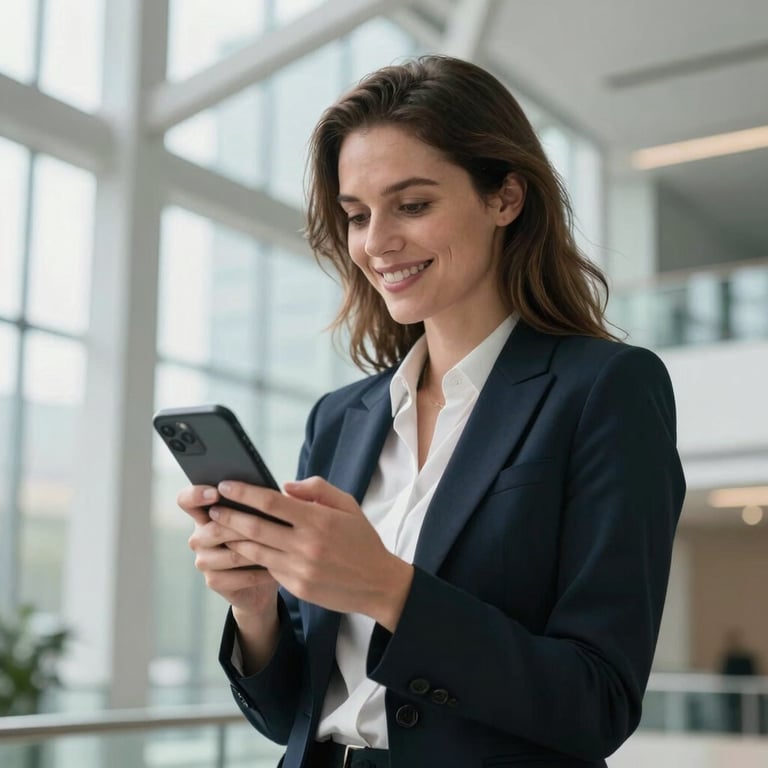 A professional European woman smiling while looking at her smartphone in a bright, modern architectural space with glass and steel elements.