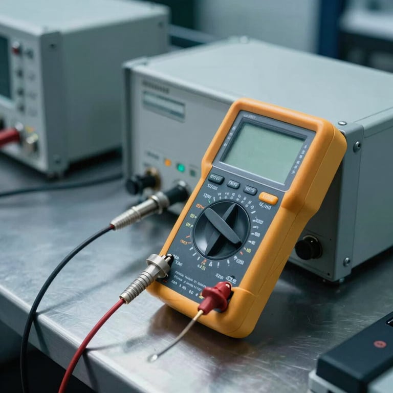A close-up of professional electronic testing equipment, including a multimeter and specialized probes, on a clean steel workbench. Technological mood, steel blue tones.