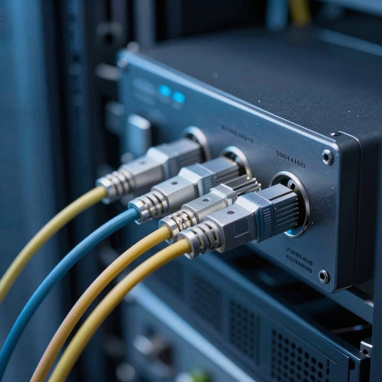 Close-up of a high-tech communication device and fiber optic cables in a professional data center setting, shades of blue and silver.
