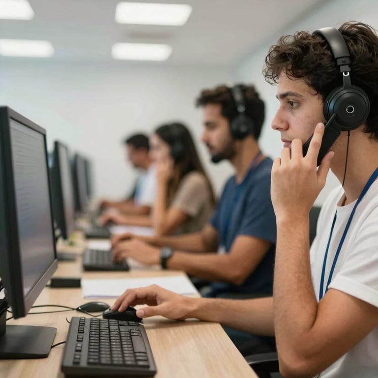A blurred action shot of a professional team working in a bright, modern Brazilian call center, focusing on the collaborative atmosphere.